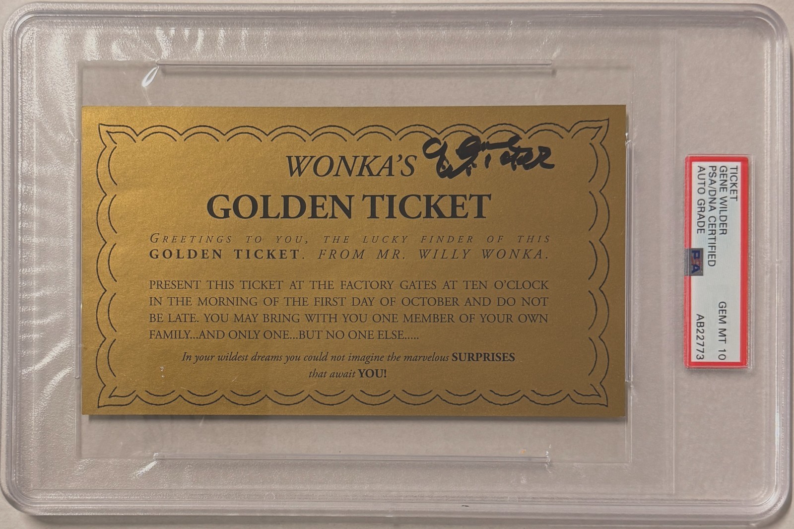 Gene Wilder Signed Willy Wonka's Golden Ticket PSA DNA Graded GEM MT 10