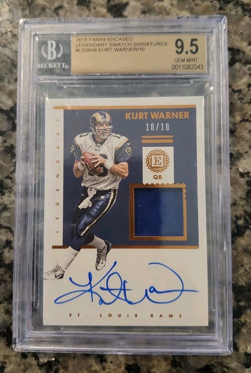 2018 Panini Encased Legendary Swatch Signatures Kurt Warner 10/10 #LSS-KW