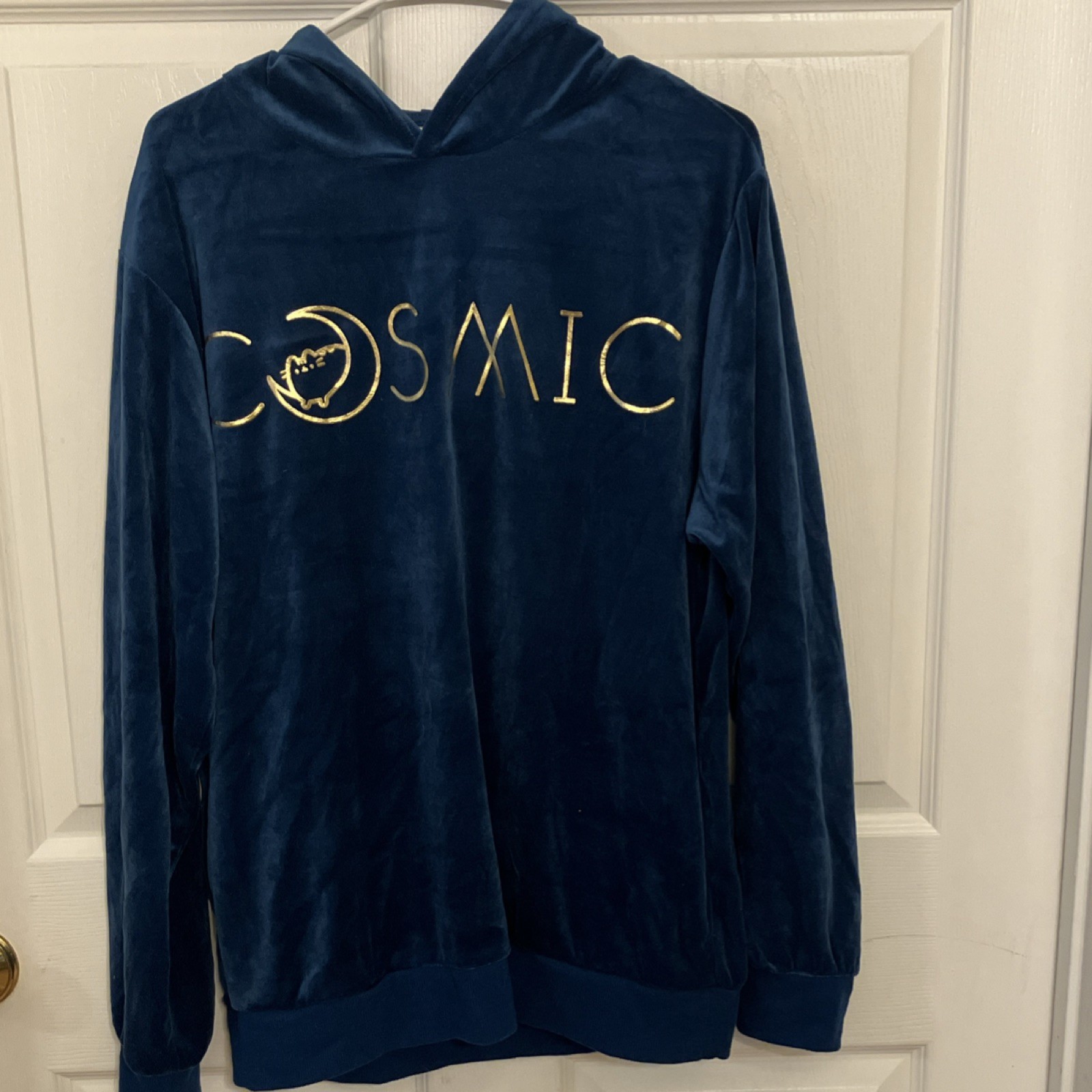 Pusheen Women’s Blue Velour Pullover Hoodie Cosmic Graphic Cat Space Size L