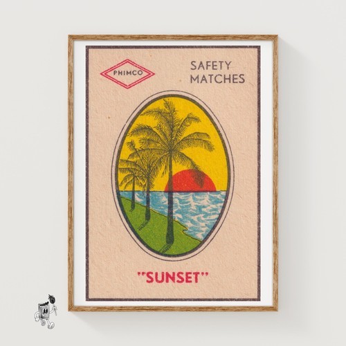 Palm Trees Mid-Century Matchbox Label - Vintage Art Print | Folk Art