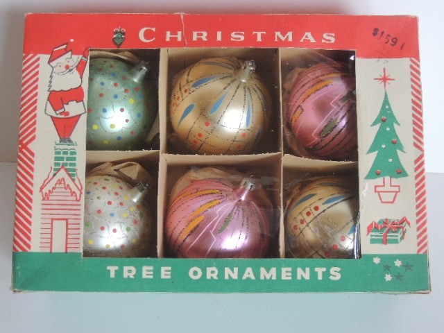 Vintage Jumbo Mercury Glass Mica Christmas Ornaments 6pc Set w/Box Poland HP