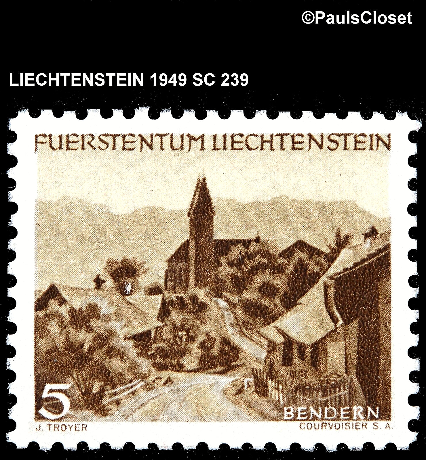 LIE 1949 SC 239 SCENIC VIEW IN LIECHTENSTIEN 5rp DARK BROWN & BUFF MNH OG VF
