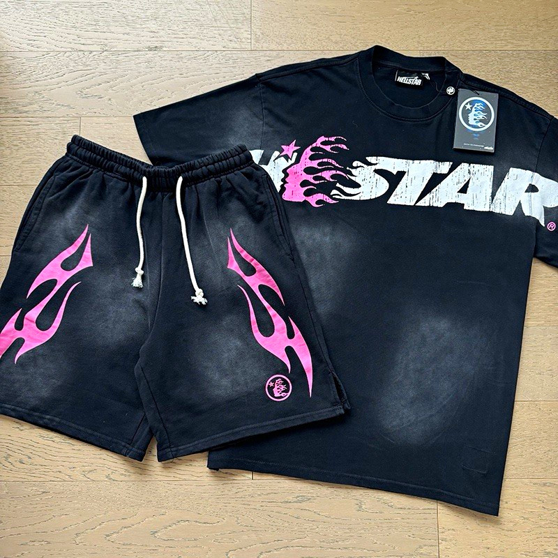 HELLSTAR Men\'s Black/Pink Graphic T-Shirt & Pink Flame Shorts