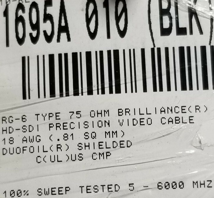 Belden 1695A Video Brilliance HD-SDI RG6 Coaxial Cable 6GHz Plenum Black /10ft