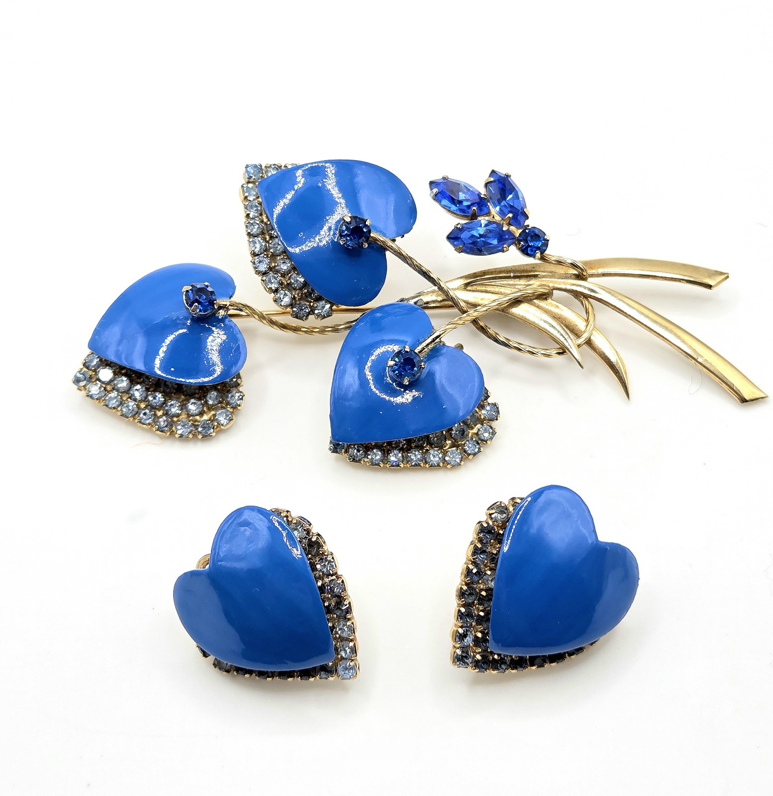 Vintage Vendome Blue Enamel Heart Leaf Brooch And Earrings REPAIRED Vintage Vendome Blue Enamel Heart Leaf Brooch And Earrings REPAIRED