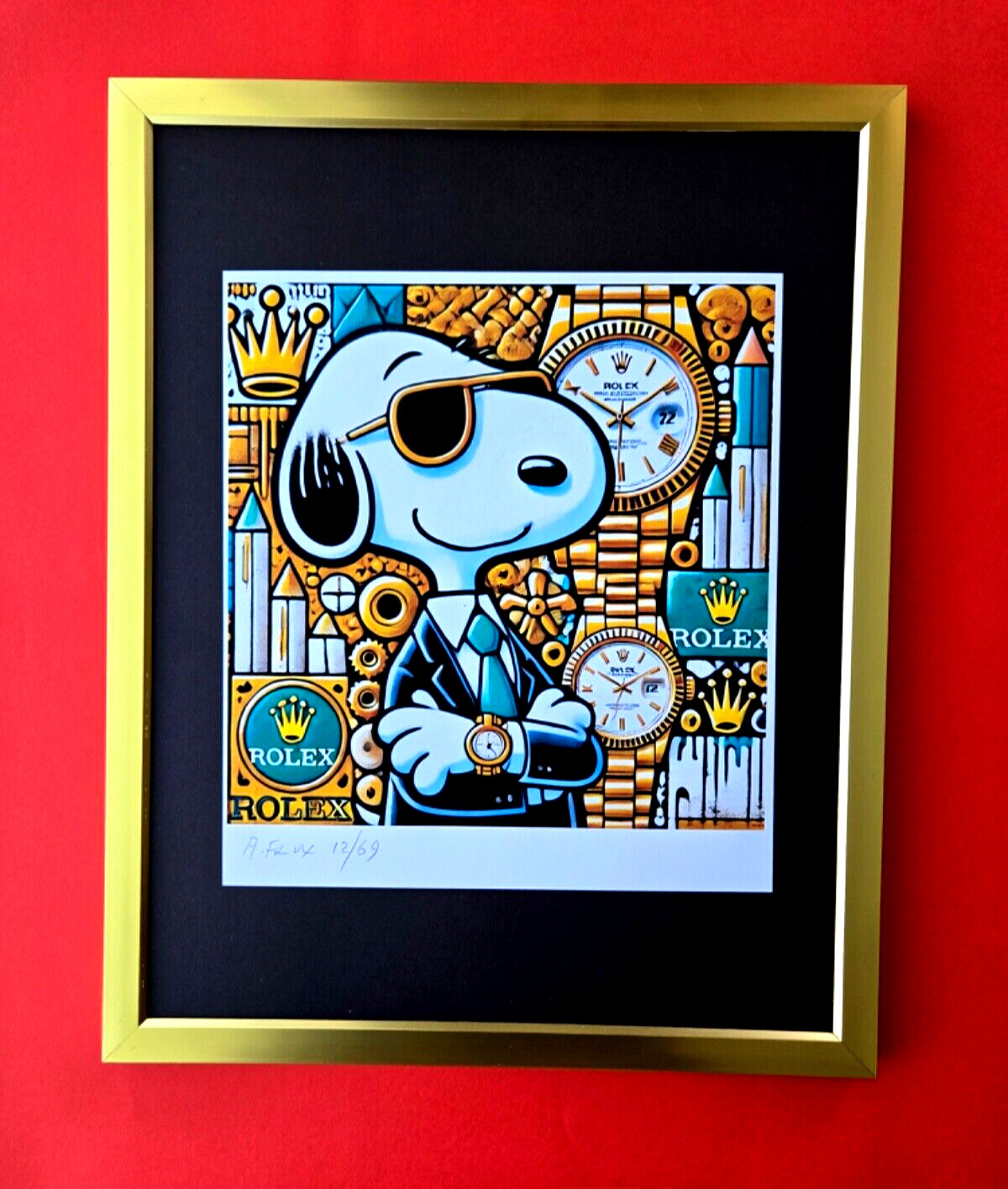 🔥AIDAN FLUX | Hand Signed Print Framed Edition of 69 COA SNOOPY WEARS ROLEX