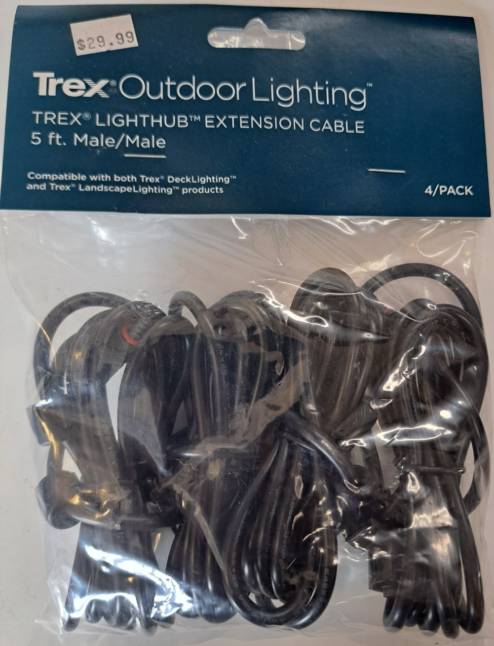 TREX DL5FTWR4PK OUTDOOR LIGHTING 4 PACK 5 FT EXTENSION CABLES MALE/MALE BLACK