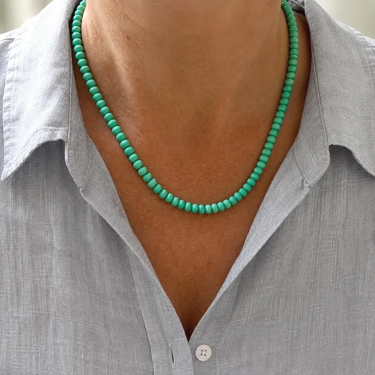 Rare Minty Green Campitos Sonoran Turquoise Necklace – 6mm Rondelle Beads