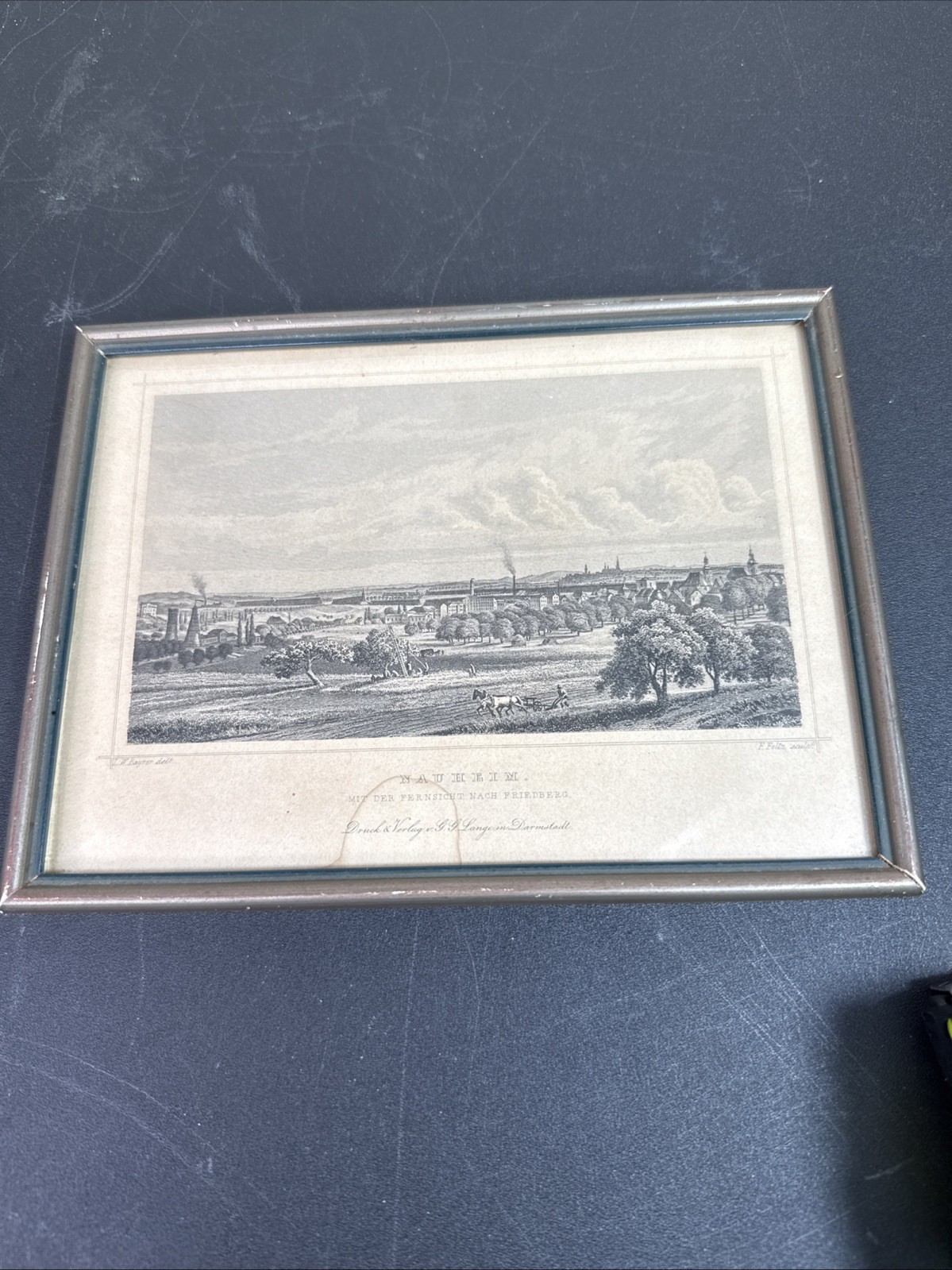 Antique 19th C Naheim Print w/ View Toward Friedberg G.G. Lange Darmstadt Framed