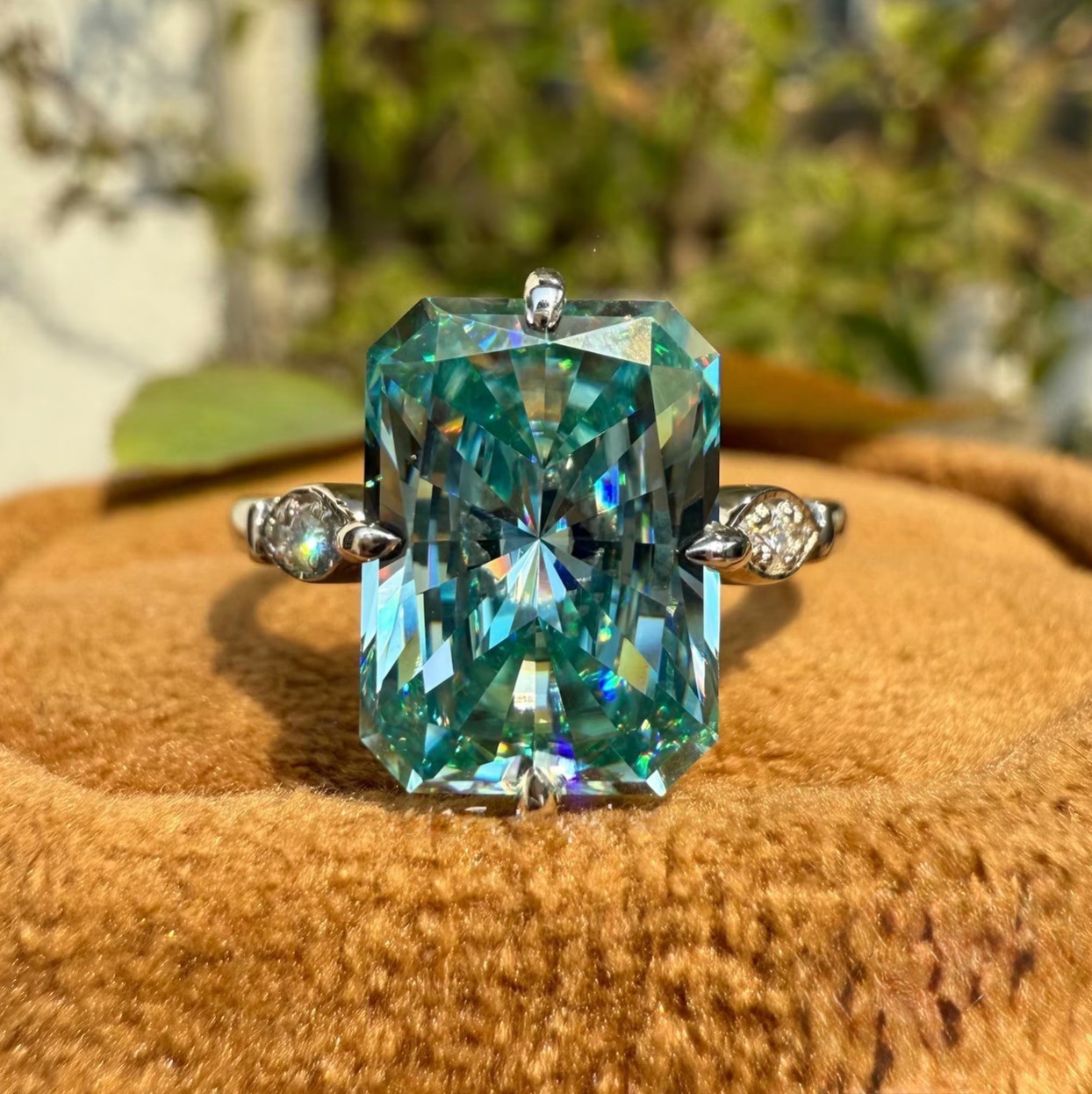RARE 4Ct Radiant Blue Treated Moissanite Solitaire Ring 14K White Gold Finish