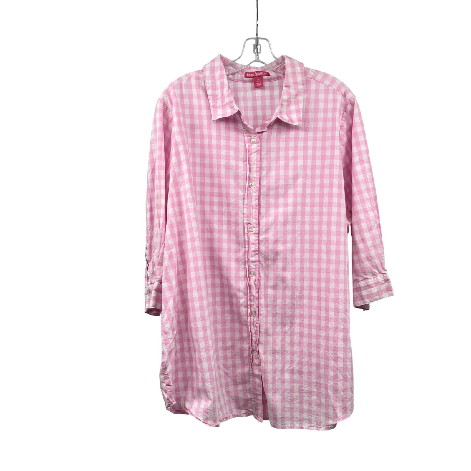 Woman Within Check Button Up Top Pink/White 3/4 Sleeve Size 1X