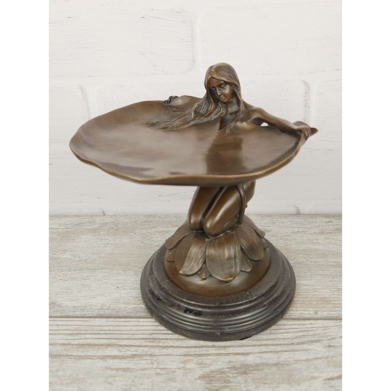 Woman Bronze Statue Lady Sculpture Lily Leaf Candy Dish Card Tray Female Marble