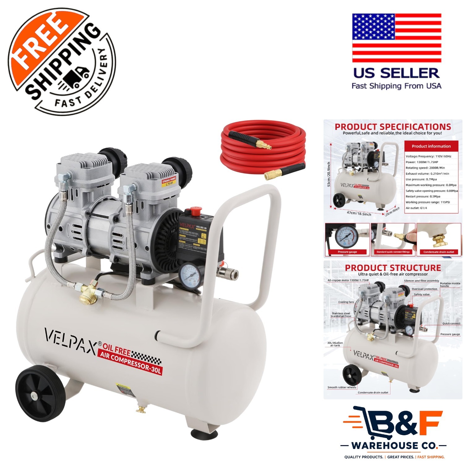 Portable Ultra Quiet 8 Gallon Air Compressor with Safety Features & 1.75HP Motor