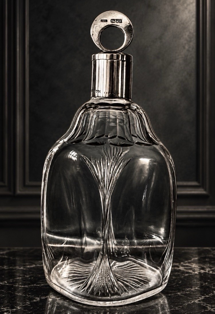 ANTIQUE ENGISH SILVER CUT CRYSTAL FLASK DECANTER J GRINSELL & SONS ORIGINAL CORK