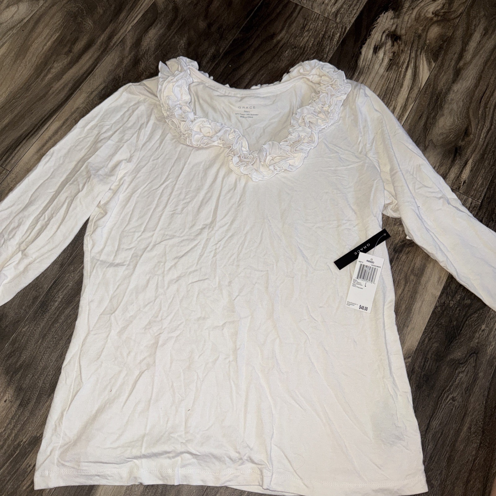 NWT Grace Bleach White Sz Large Ruffled Neckline Long Sleeve NWT Grace Bleach White Sz Large Ruffled Neckline Long Sleeve