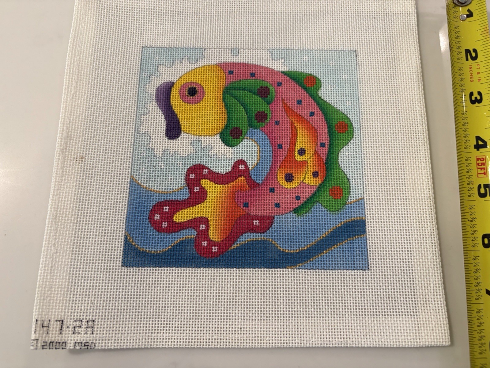 VTG Hand Painted Needlepoint Canvas Colorful Tropical Fish Ocean Canvas Signed