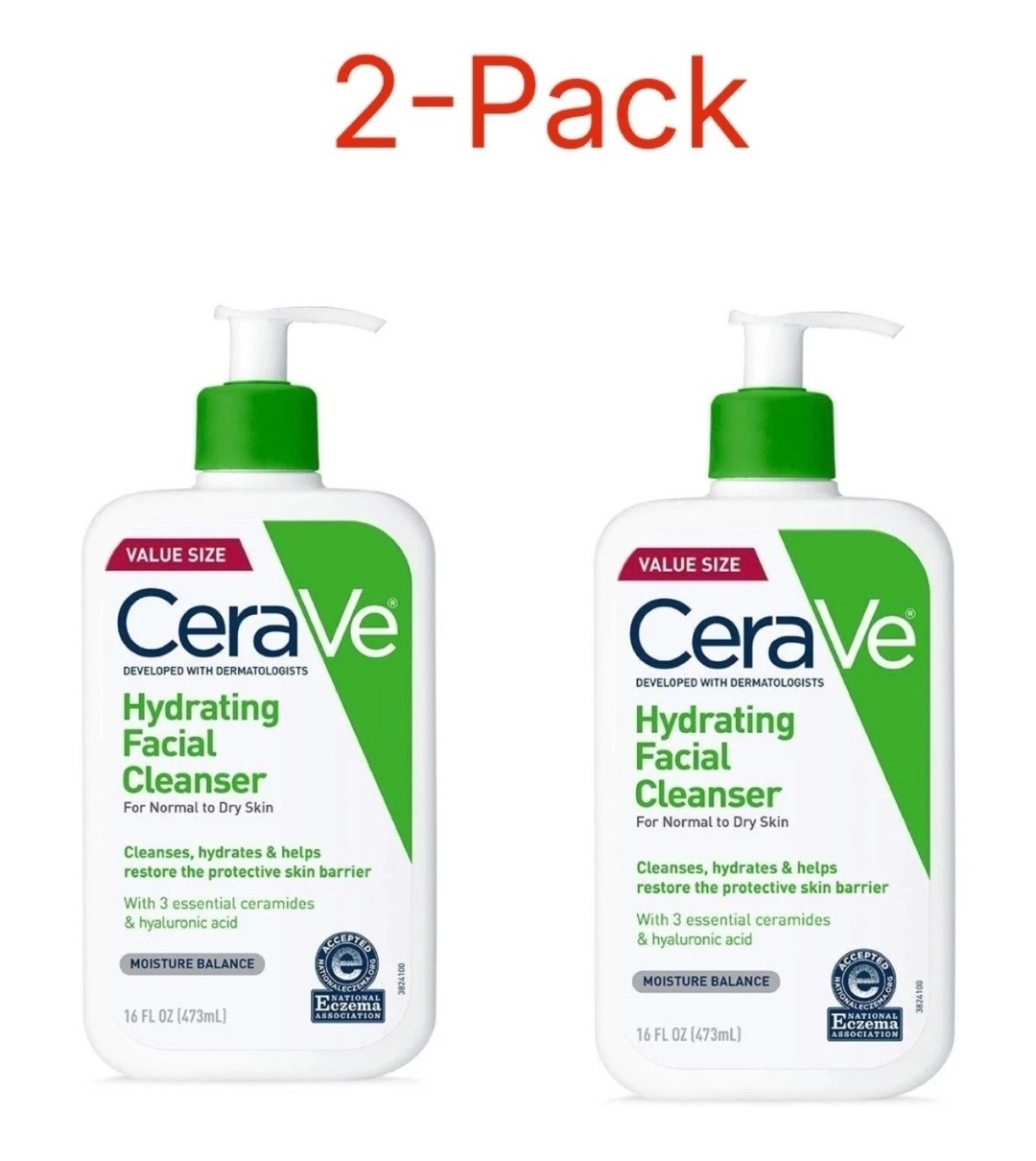 2 CeraVe Hydrating Facial Cleanser For Normal To Dry Skin 16Fl. Oz. For Men & Wo