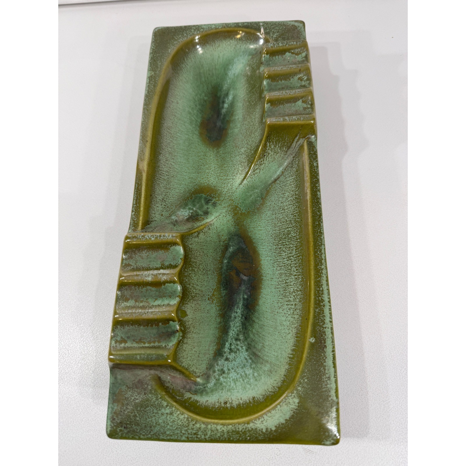 Ashtray Vintage Mid Century Modern Green Drip Glaze Ceramic 12 Inch Red Wing