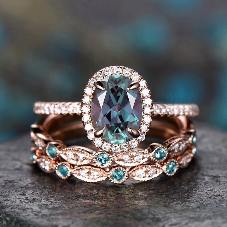 Vintage Unique oval cut Alexandrite engagement ring set, wedding ring set .