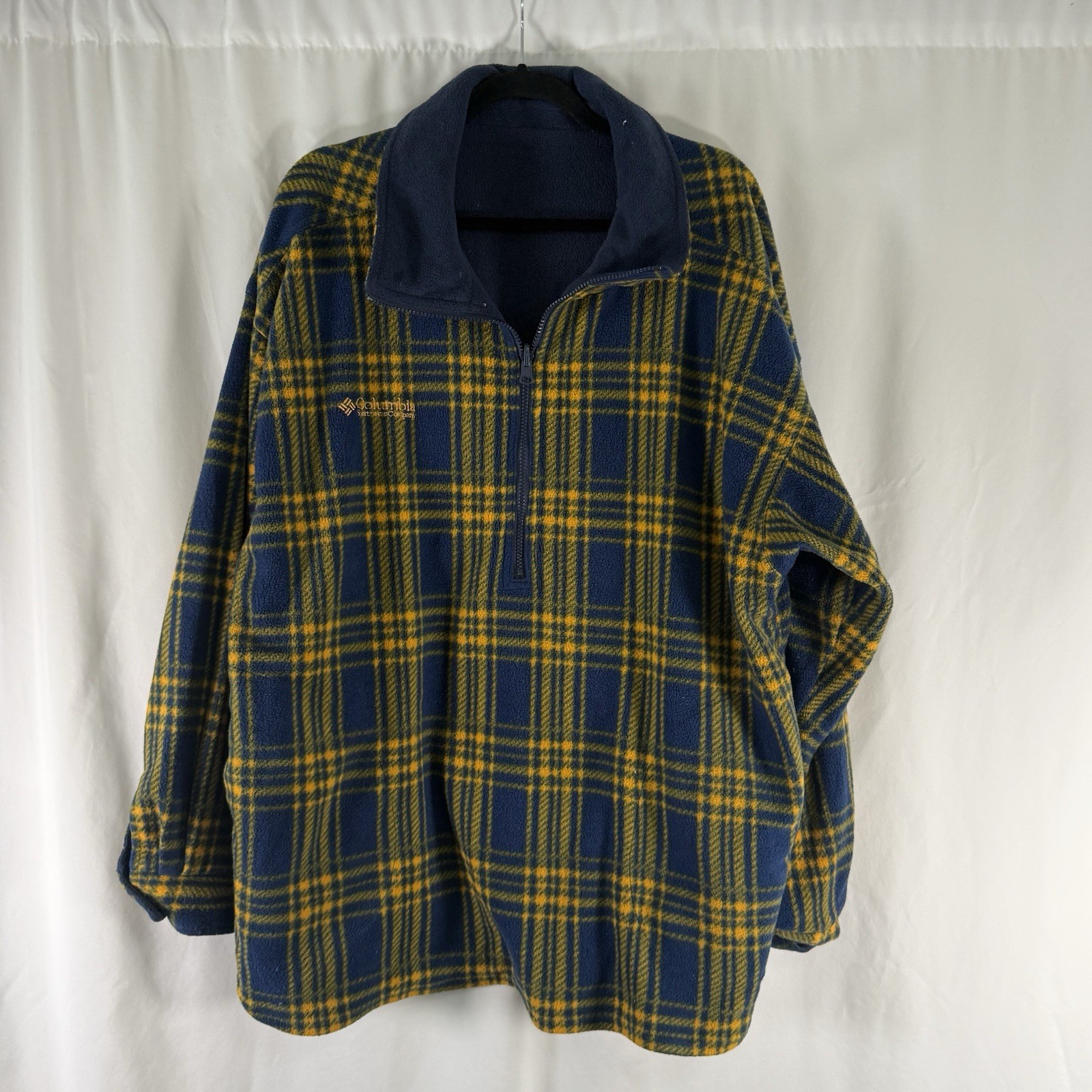 Vintage Columbia Ski Patch Men\'s XL Yellow Blue Plaid Reversable Full Zip Fleece