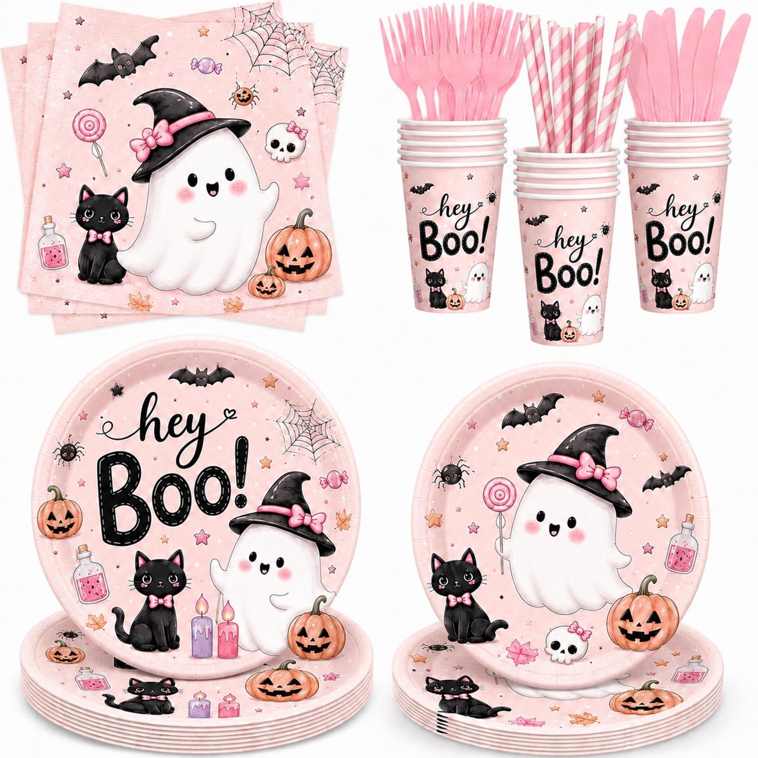 168 PCS Pink Halloween Party Supplies, Hey Boo Ghost Halloween Plates, Napkins, 168 PCS Pink Halloween Party Supplies, Hey Boo Ghost Halloween Plates, Napkins,