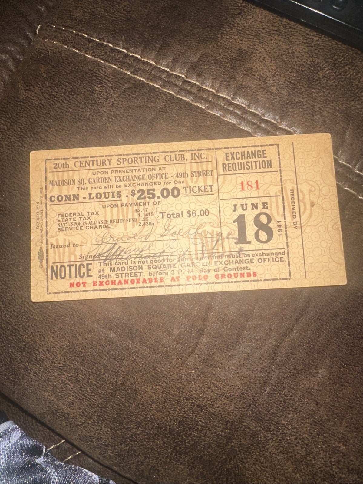 1/1 Joe Louis Vs Conn 6/18/41 Requisition Ticket Issued To Steelers Namer 1/1 Joe Louis Vs Conn 6/18/41 Requisition Ticket Issued To Steelers Namer