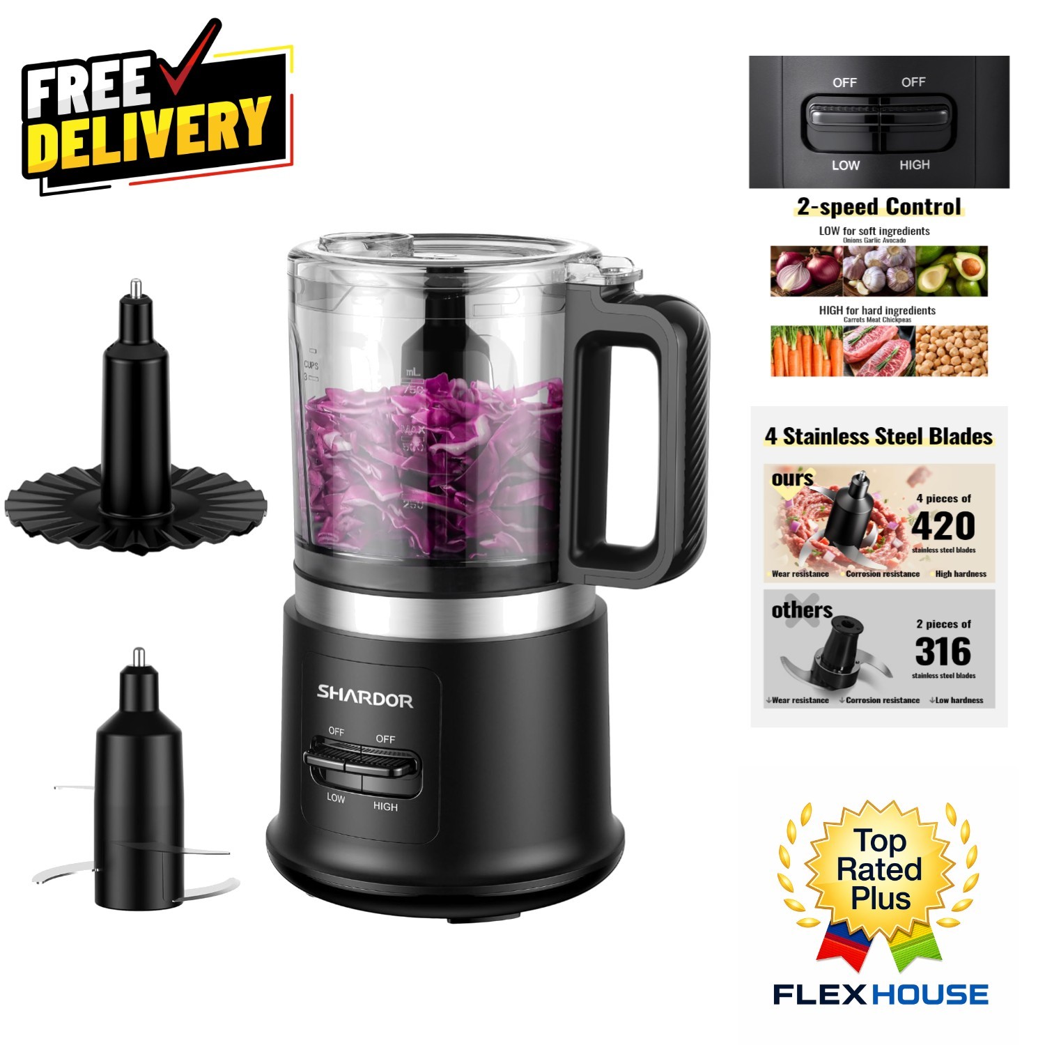 Versatile 400W Food Processor with 4 Stainless Steel Blades & Whisk - BPA-Free
