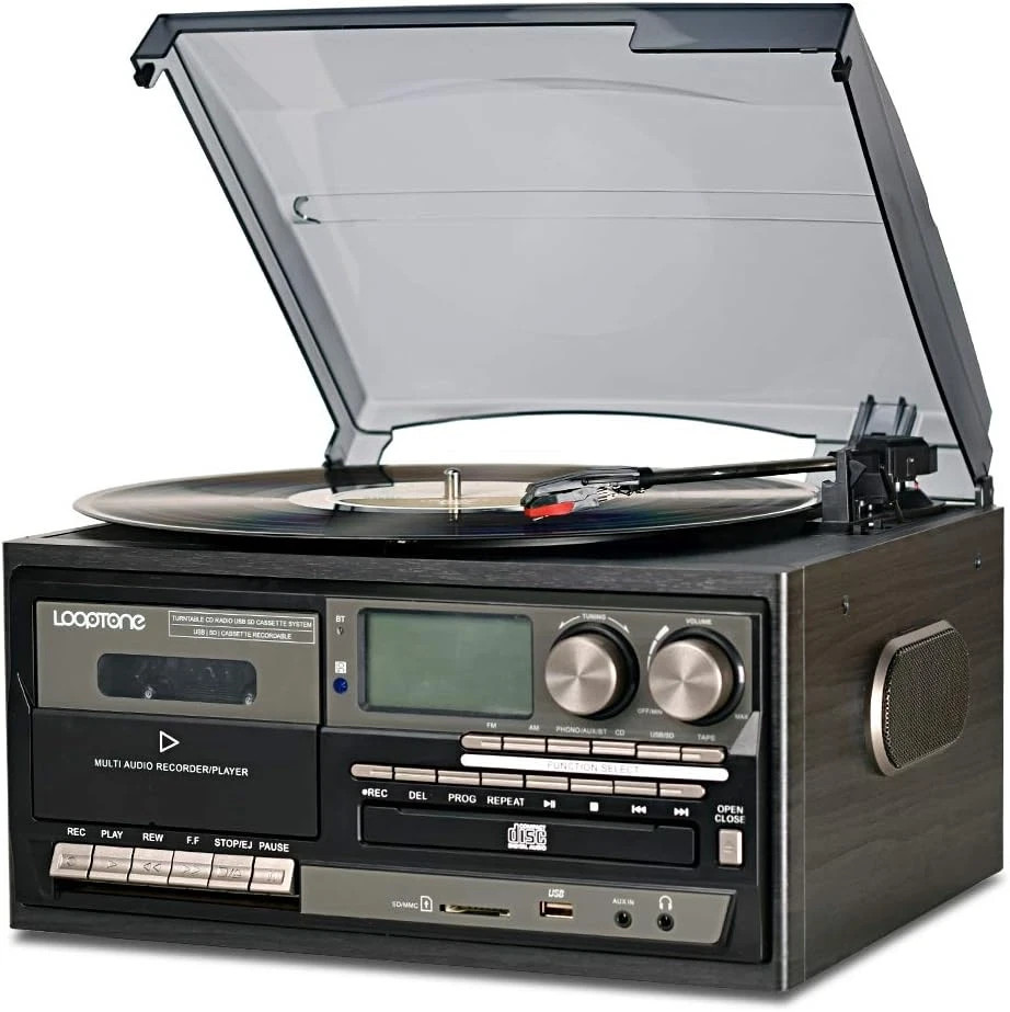Vintage 9-in-1 Bluetooth Vinyl Record Player with CD, Cassette & Radio - Black