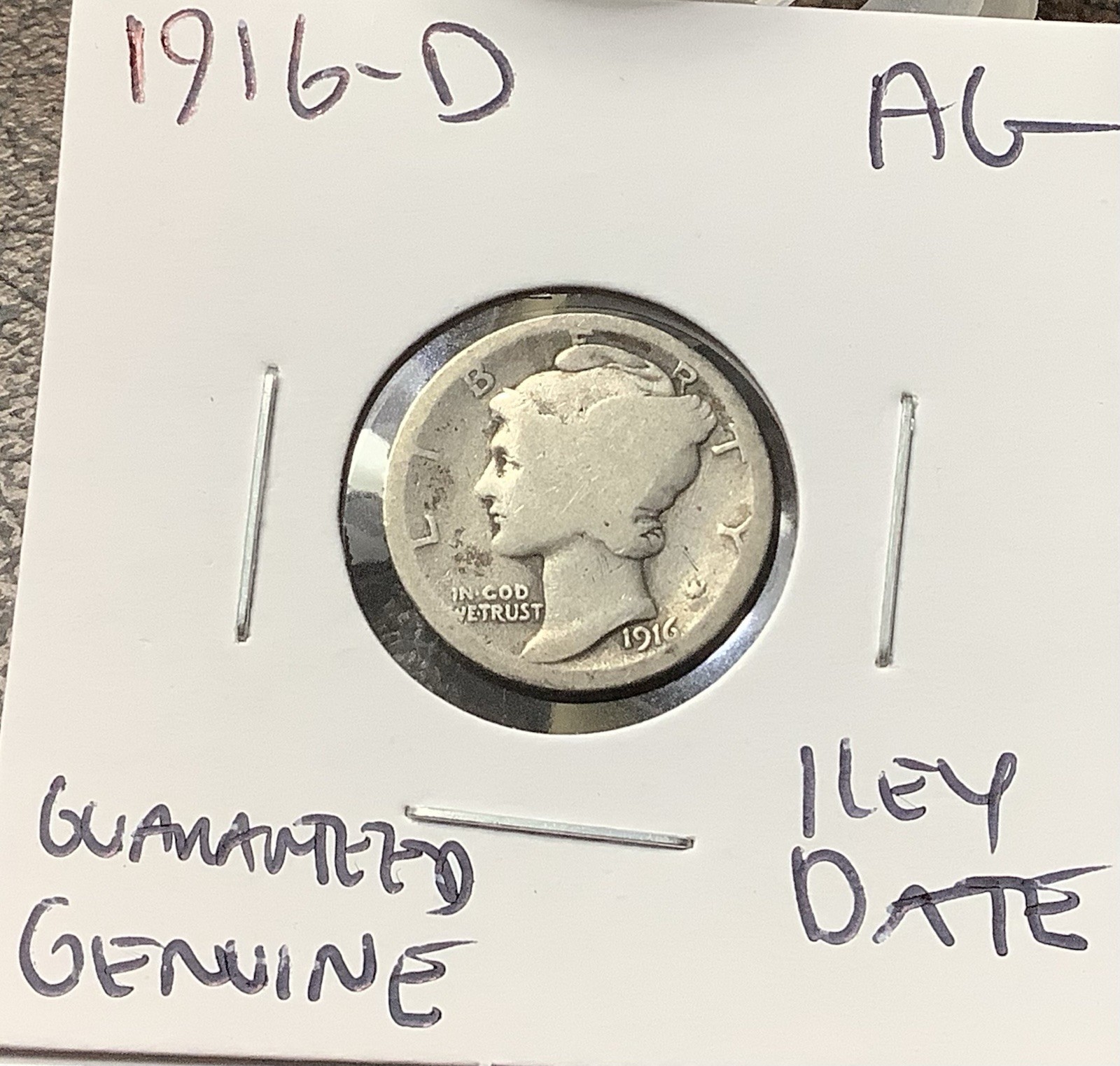 1916-D Mercury Dime - Key Date - AG - Guaranteed Genuine
