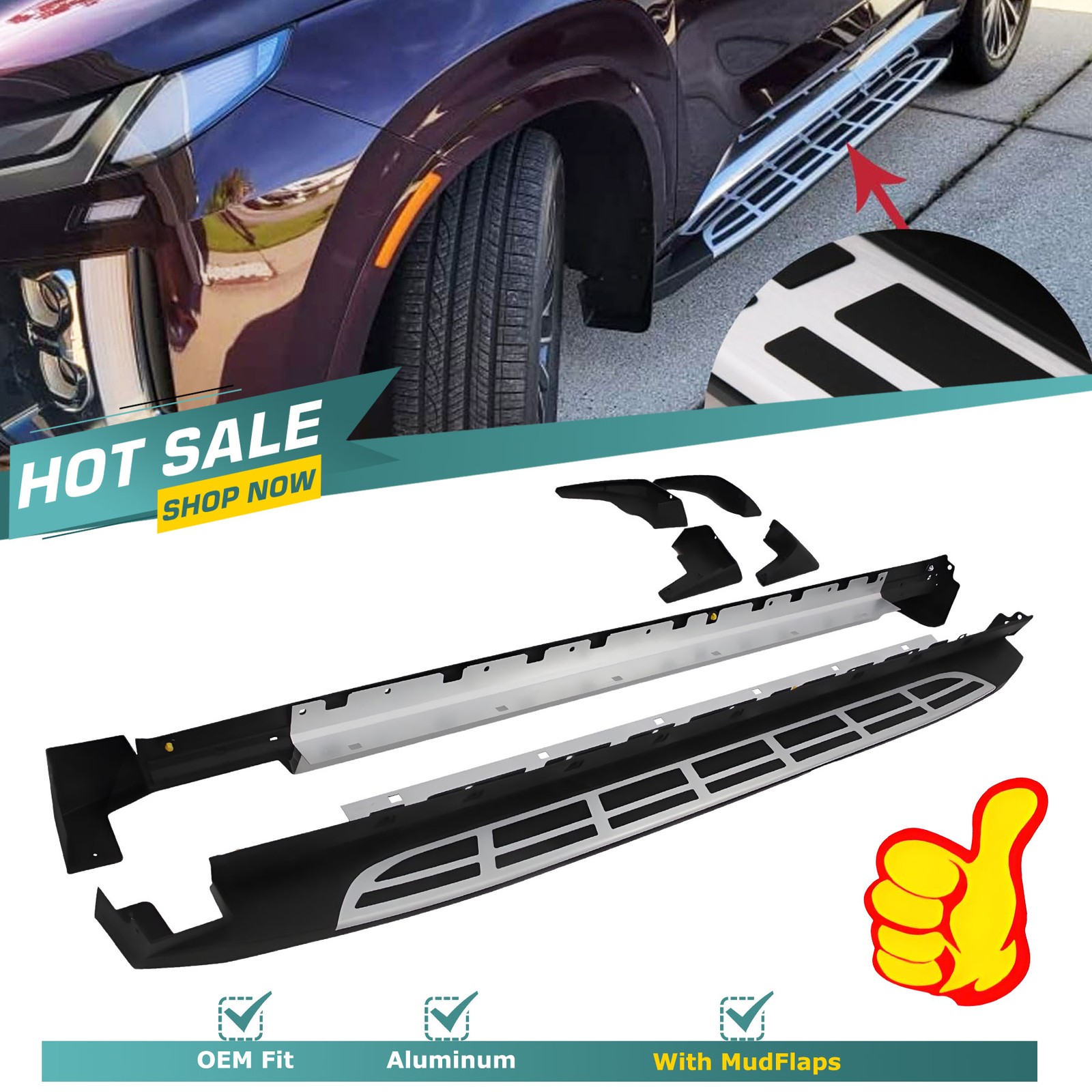 450LBS Running Boards Side Steps For 2020-2025 Hyundai Palisade w/ MudFlaps 2PCS