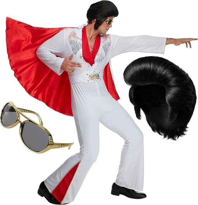Men`s 1950s Rock Star Costume Wig Glasses Elvis Rock n Roll King Disco Jumpsuit Men`s 1950s Rock Star Costume Wig Glasses Elvis Rock n Roll King Disco Jumpsuit