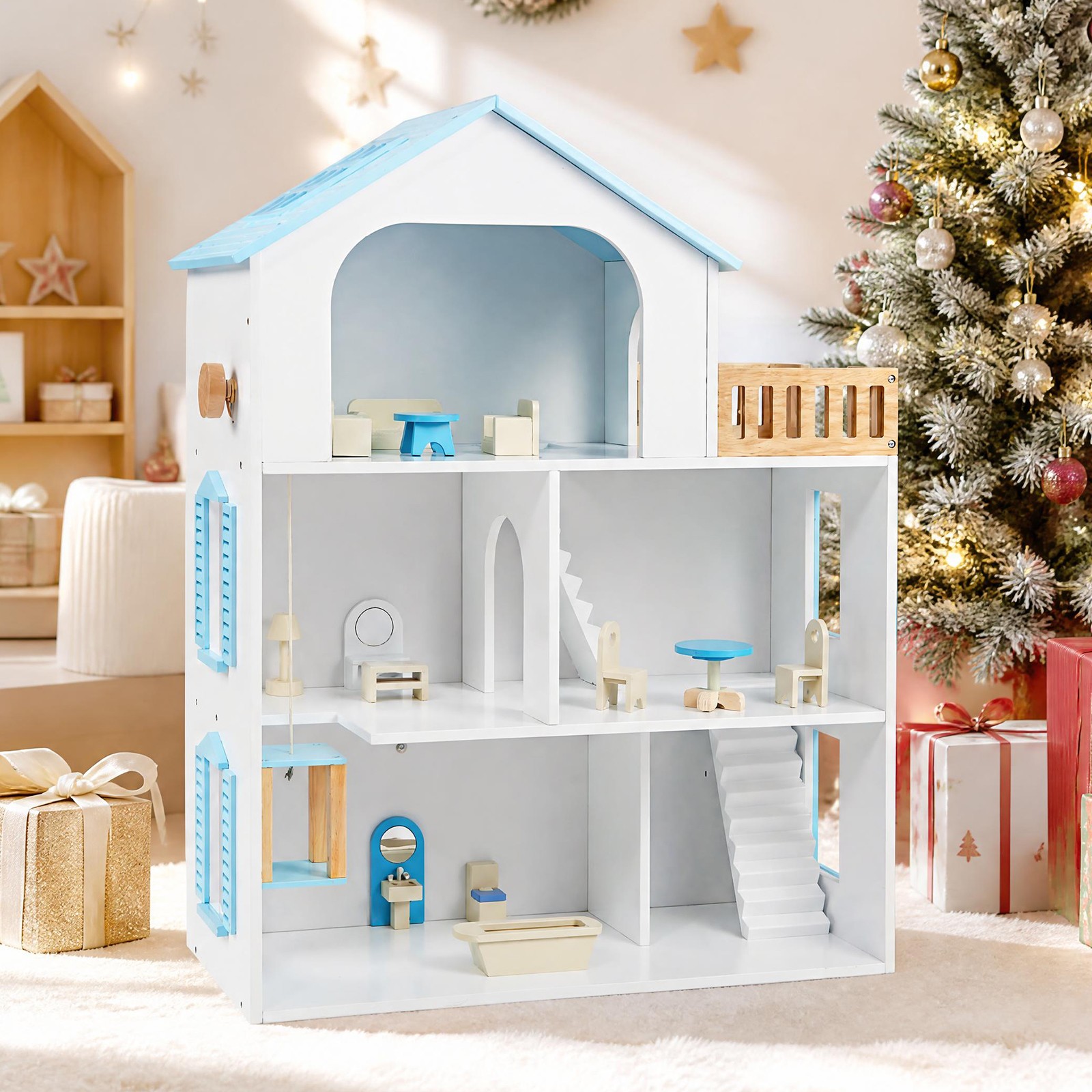 3-Story Doll House with 5 Rooms & Furniture Accessories, Pretend Play Toy