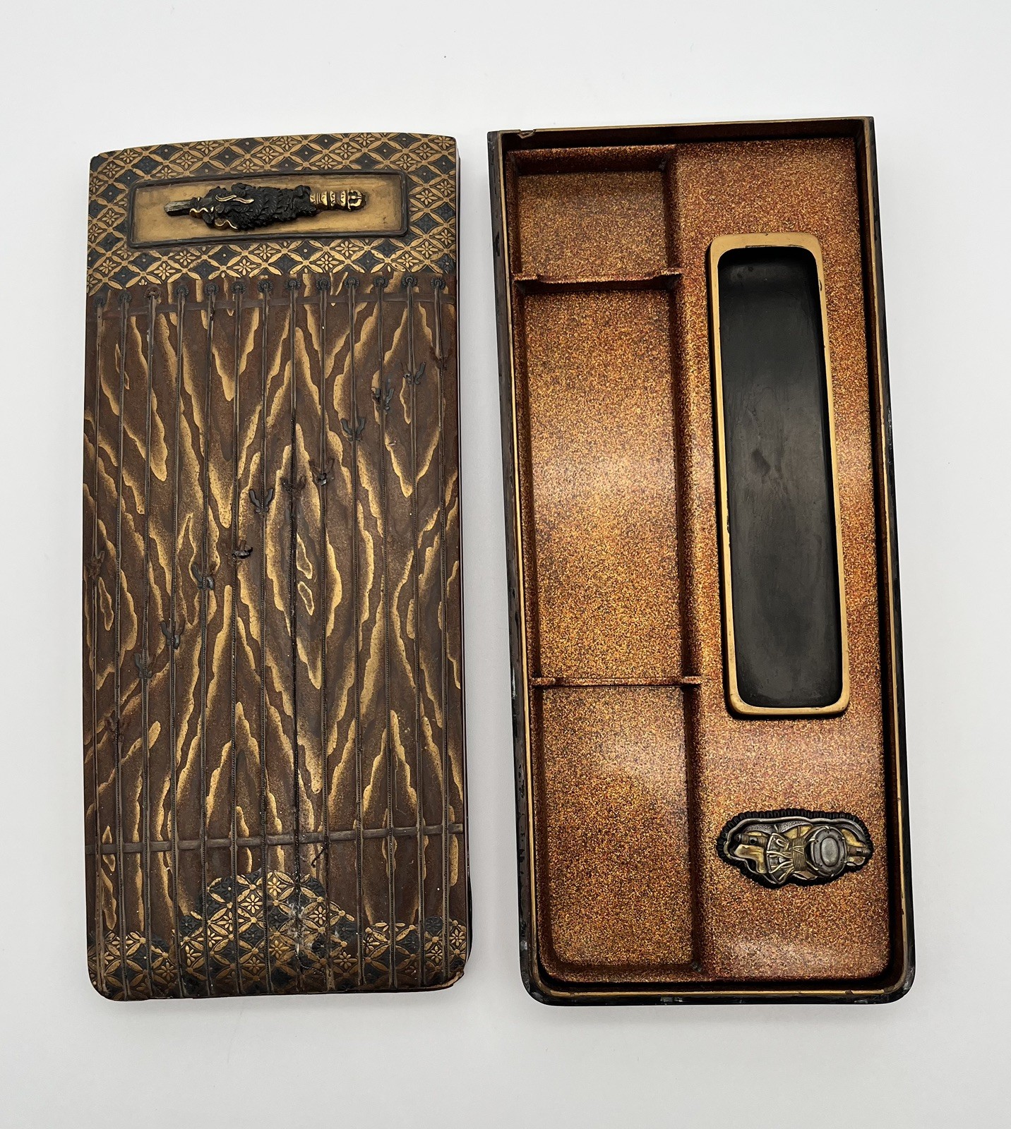 Antique Japanese Nashiji Lacquer Koto Suzuribako Writing Box Yamanaka Co Label