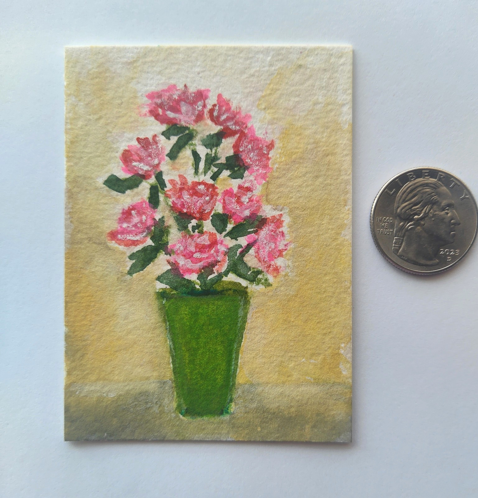 ACEO Original POTTED ROSES Painting Watercolor Gouache Miniature Art OOAK
