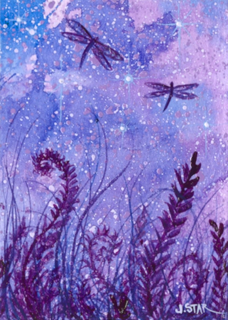 ACEO Original Acrylic Painting Dragonflies at Night Art Card by Jasmine Star