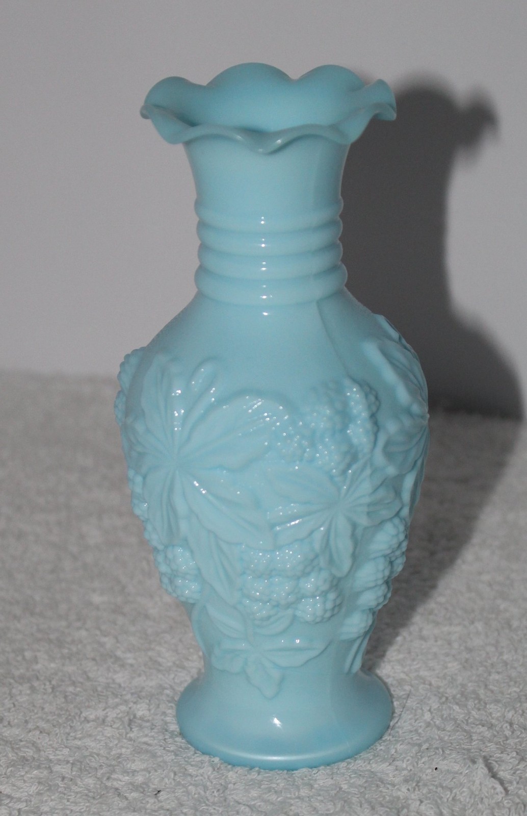 VTG Imperial Glass Loganberry Vase Light Blue Satin Matte Milk Glass 6\