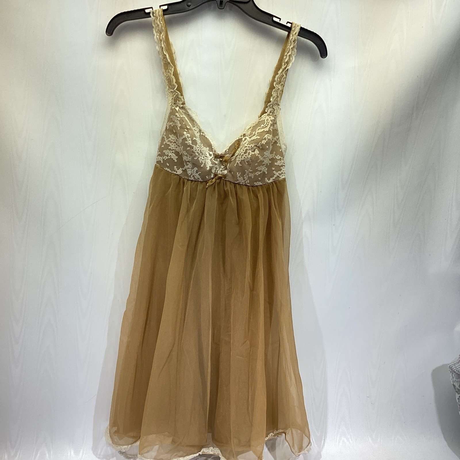 VTG 60s Van Raalte Latte Tan Chiffon Gown Size 32 (S) Lace Floral Fairy Babydoll VTG 60s Van Raalte Latte Tan Chiffon Gown Size 32 (S) Lace Floral Fairy Babydoll