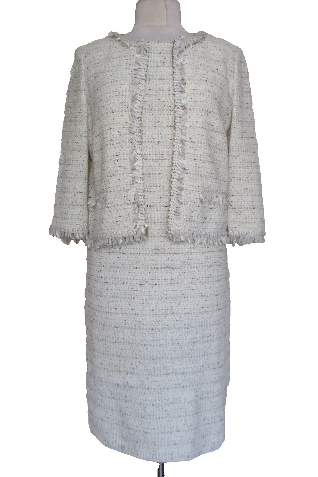 ST. JOHN Women\'s 4 Tweed Knit Ivory Black Beige Jacket & Dress Suit Set Fringe