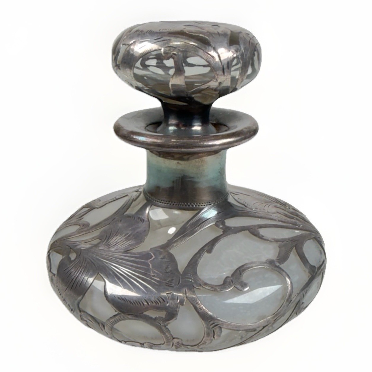 Antique Fine Silver Overlay Crystal Glass Perfume Bottle Art Nouveau Floral 1000