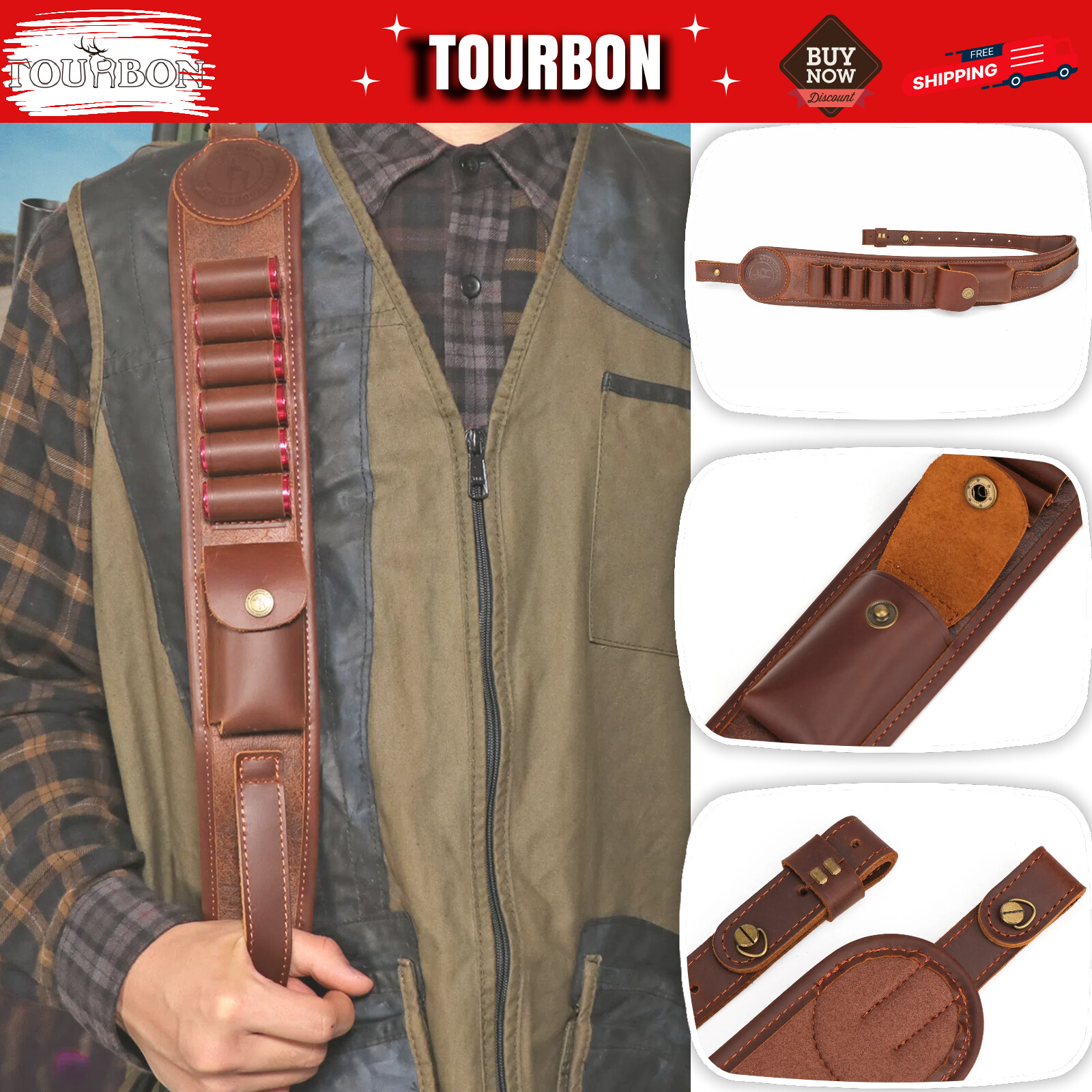 TOURBON PU Leather Shotgun Sling Gun Carry Strap 5 Rounds 12GA Ammo Slot Hunting