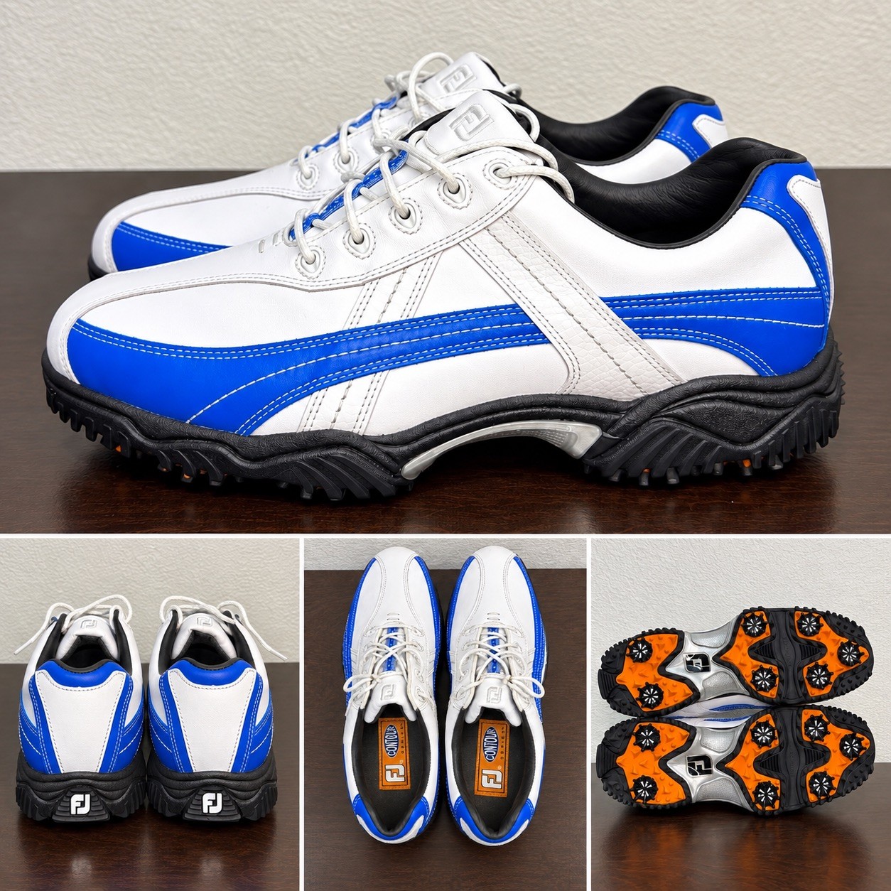 FootJoy Contour Series Mens 8M Golf Shoes White Blue Leather Spiked 54102