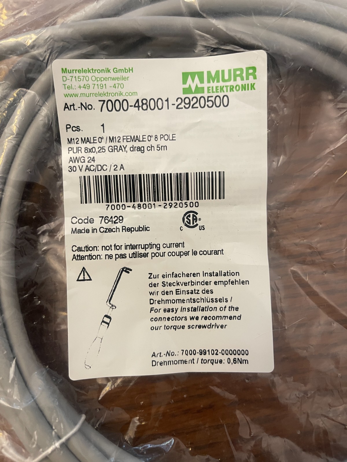 MURR ELEKTRONIK 7000-48001-2920500, DOUBLE ENDED CORD SET, NEW