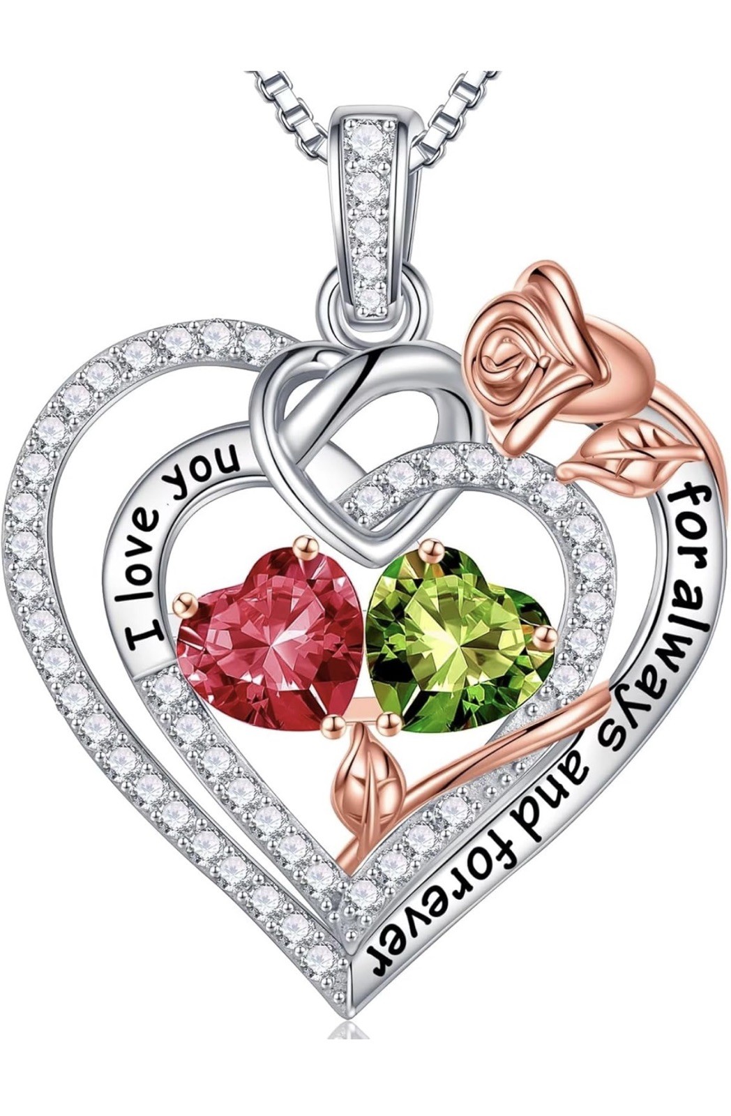 Iefil Rose Heart Necklace I Love You Forever & Always 925 SS Birthstone July/Aug