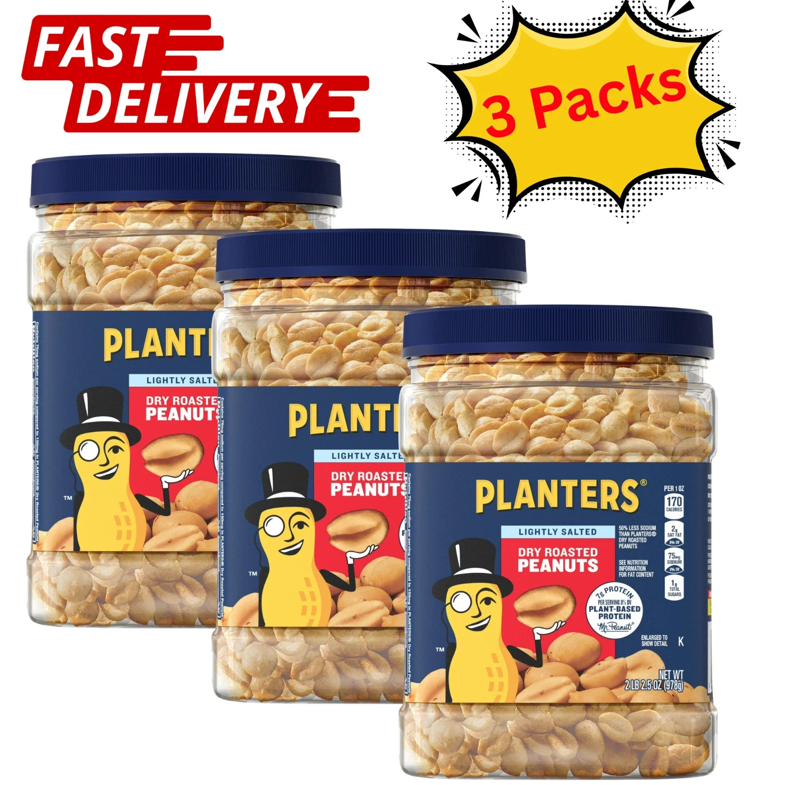PLANTERS Lightly Salted Dry Roasted Peanuts  Party Snacks 2.16 lb (3 Pack)