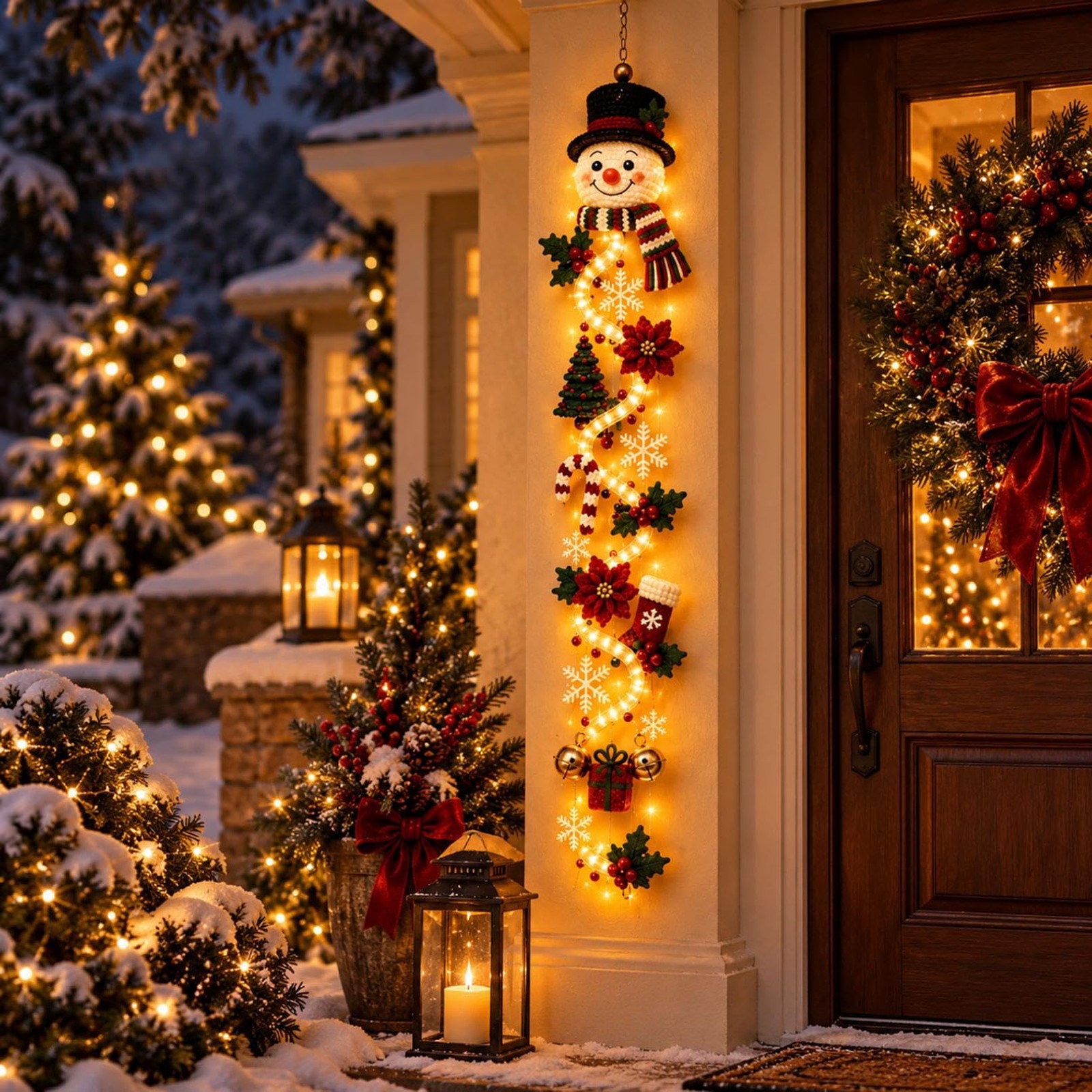 Snowman Christmas Door Hanger, Warm Led Lighted 3D Dimensional Holiday Hanging