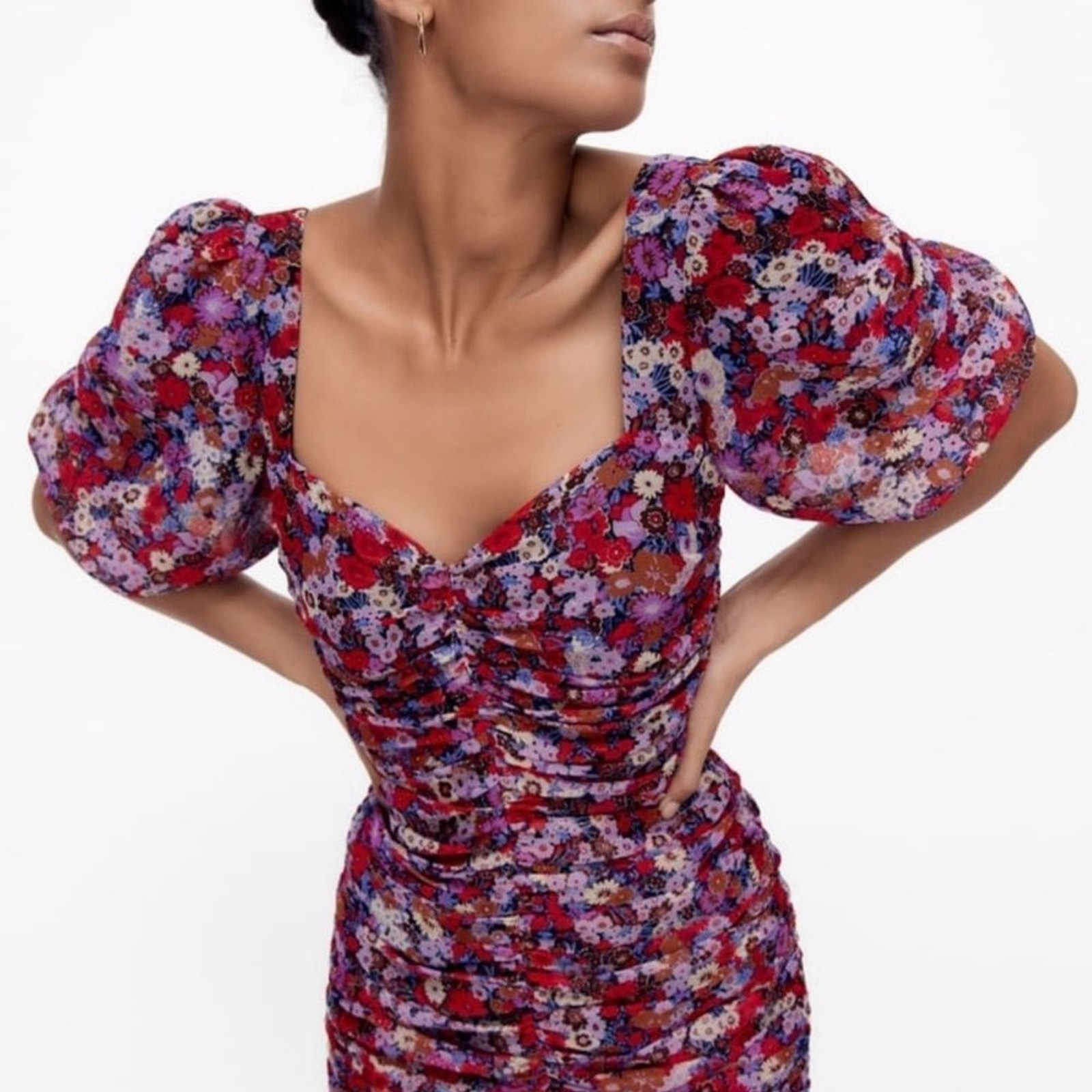 NWOT Zara Floral Puff Sleeve Ruched Mini Dress Size S