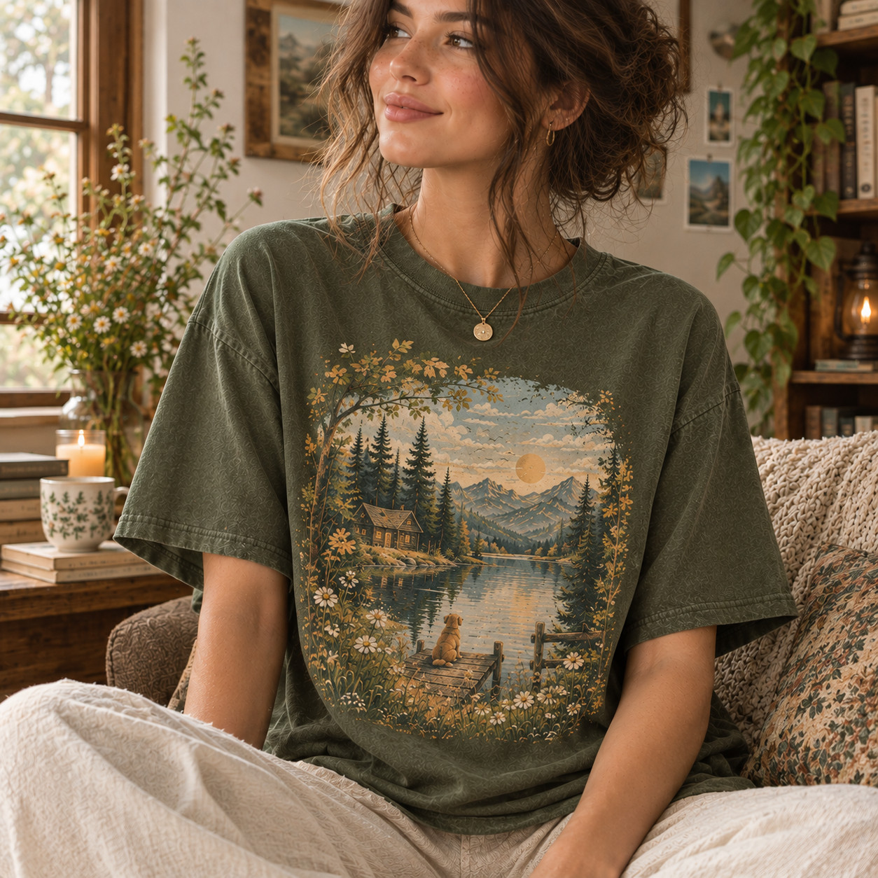 Vintage Mountain Lake Dog Shirt, Nature Lover Graphic Tee, Cozy Cottagecore T-Sh