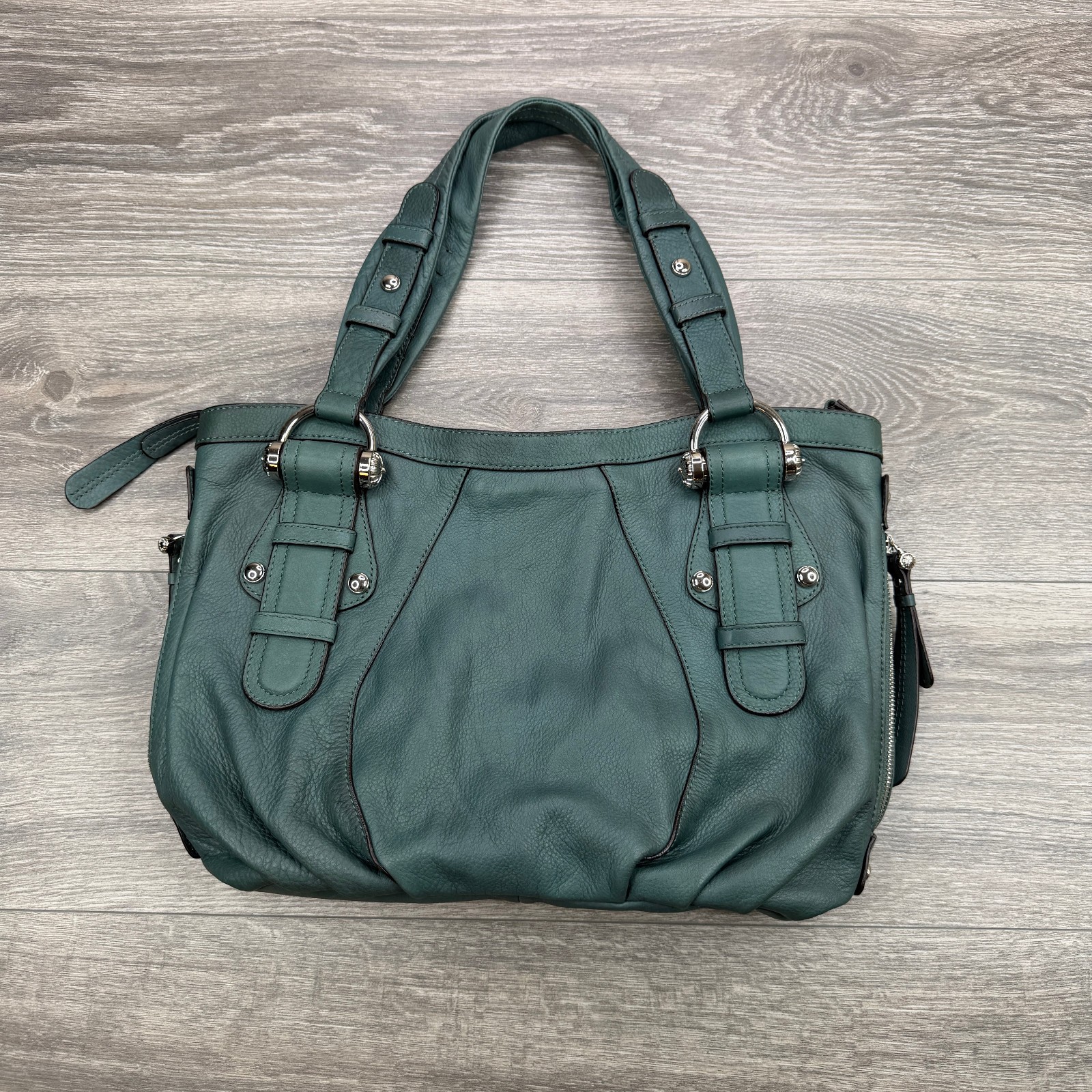 Vintage B. Makowsky Green Pebbled Leather Slouchy Shoulder Bag Handbag Zip Y2K