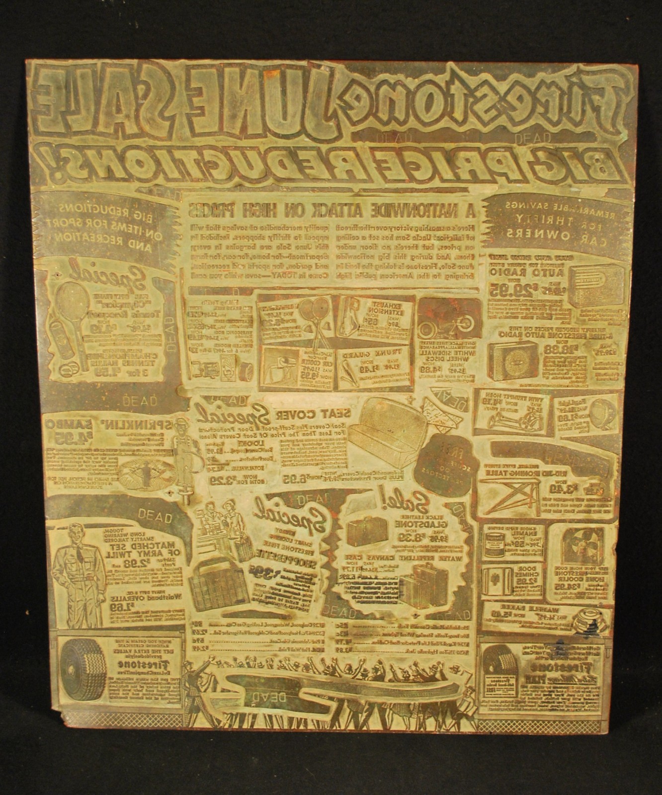 Vintage 1940'S WW2 Firestone Auto Advertising Full Page Brass Printing Plate