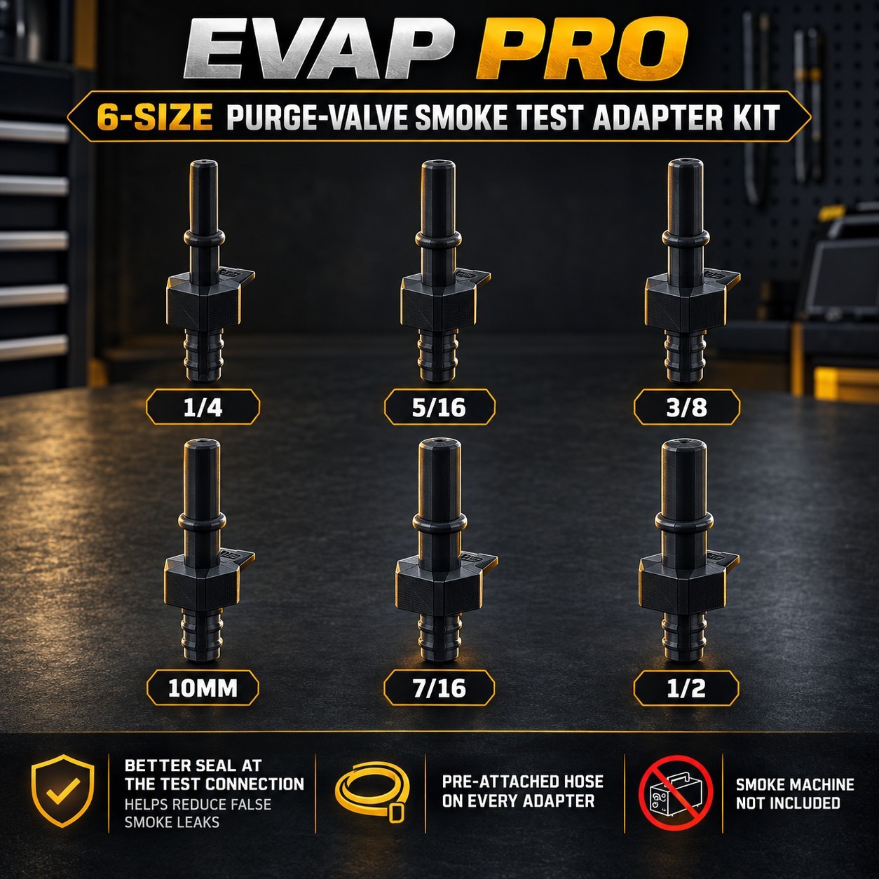 EVAP Smoke Machine Purge Valve Adapter Kit 6 Sizes w/Hoses SAE J2044 Style